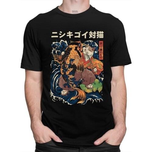 The Cat And The Koi Tshirt Men Novelty Tees Top Cotton T Shirt Short Sleeve Japanese Samurai T-shirt Gift Idea Clothing