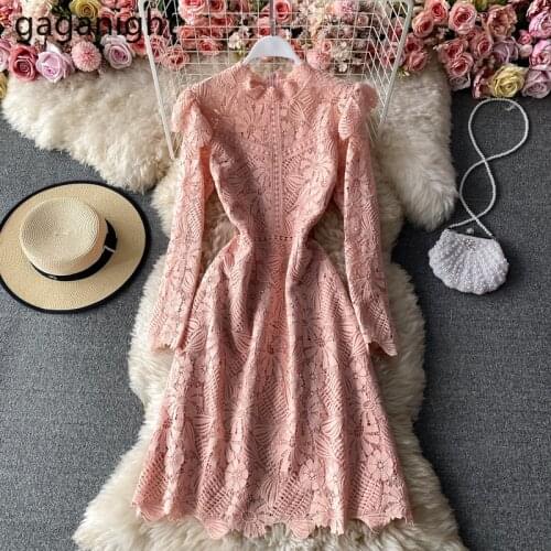 Gaganight Vintage Solid A-Line Stand Collar Hollow Out Vestidos Korean Elegant Lace Long Sleeve Dresses Back Zippers Knee-Length