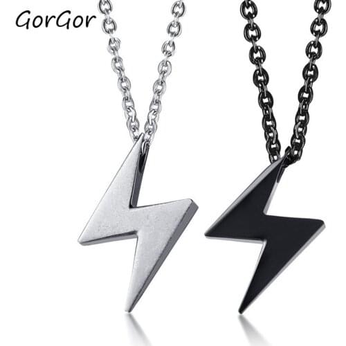 GorGor New Arrivals Hiphop Black Vinatge Fashion Trend Titanium Steel Lightning Symbol Necklace for Men Jewelry Gift PN-1167