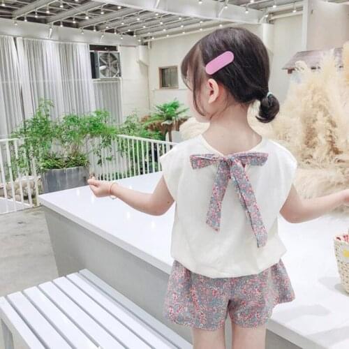 DFXD 2-8Yrs Summer Toddler Girls Clothing Set Two Piece Casual Outfit Back Bow T-shirt Floral Shorts Pant Children Clothes Set