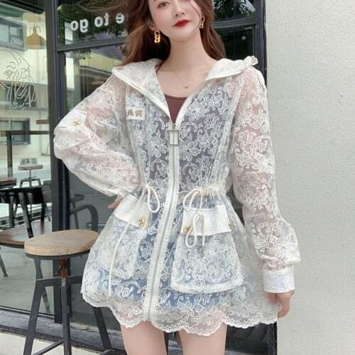 Korea Fashion Streetwear Hook Flower Hollow Lace Jacket Women Full Sleeve Zippered Hoodie Loose Drawstring Coat Casual Clothes