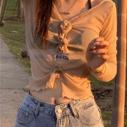 Summer Fashion Sexy Bandage Navel Long Sleeve Lightweight Hollow Sunscreen Top Women Tshirts Graphic Tees Clothing Streetwear