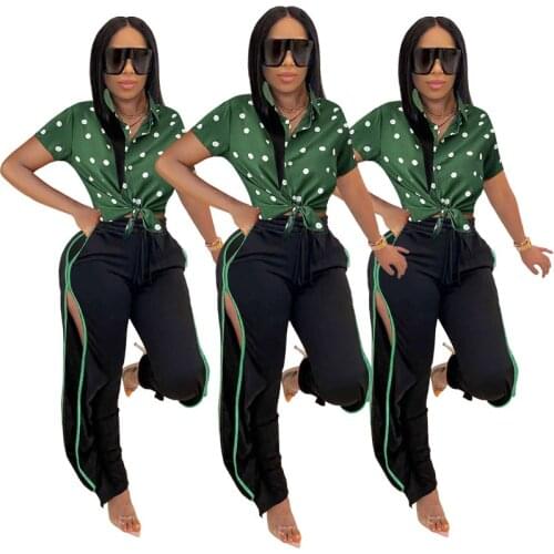 2021 Summer New Style Slim Waist Street Green Cardigan Polka Dot Lapel Loose Shirt