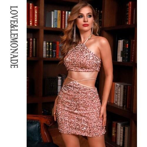 LOVE&LEMONADE Sexy Pink Hanging Neck Cut Out Tie Rope Elastic Sequins Two-Pieces Party Set LM82989