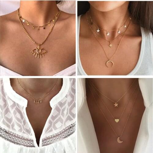 New bohemian Multilayer Stars moon Women Pendants Necklace 2019 Fashion Vintage heart Charm Gold Choker Party Necklace Jewelry