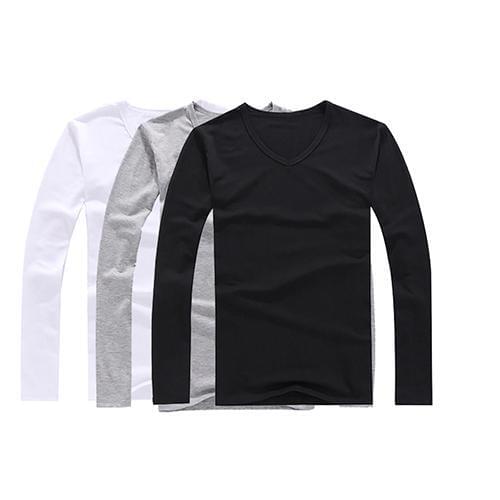 Mens Top Fashion Simple Slim Cotton V-neck Long Sleeve Casual T-shirt Concise Top Basic Black White T-shirt Spring Autumn