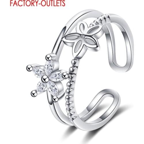 Flower Pattern Double Layers Hollow Adjustable Finger Rings For Women Genuine 925 Sterling Silver Newest Style Jewelry Free Size