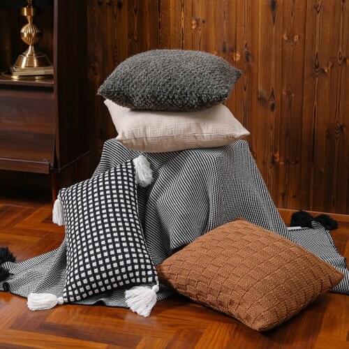 INS Super soft handmade knitted sofa cushion cover plaid tassel plush pillow cover brown army green pillowcase bed chair office