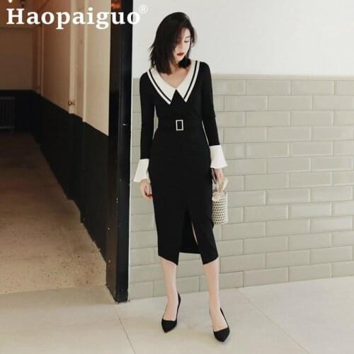 2019 New Arrival Black Casual Dress Women Flare Sleeve Sheath Bodycon Wrap Dress Women Streetwear Modis Autumn Dress Women Ropa