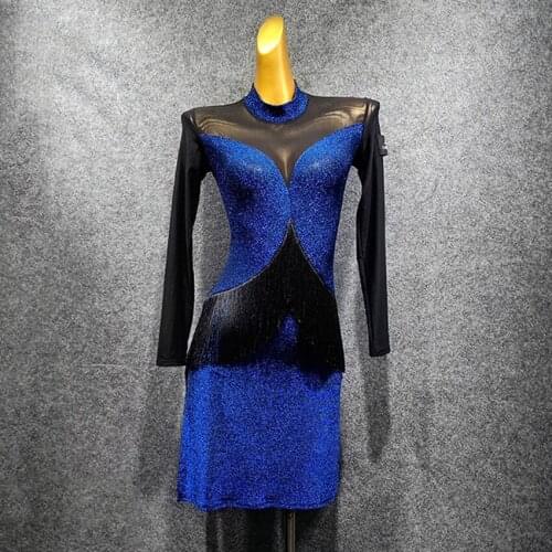 Charming Latin Dance Dress Lady Blue Dress Fringe Skirt Sexy See-Through Back For Performance Rumba Salsa Long Sleeve Dress