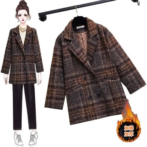 Autumn Winter Plaid Wool Outerwear Womens Clothing 2021 New Plus Size 4XL Loose Thicken Blazer Woolen Overcoat Jacket Woman