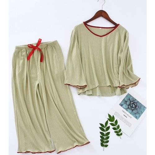 Autumn Women Pajamas Sets Striped Cotton Pyjamas Female Three Quarter+Calf-Length Pants Sleepwear Set Korean Home Clothes Pijama