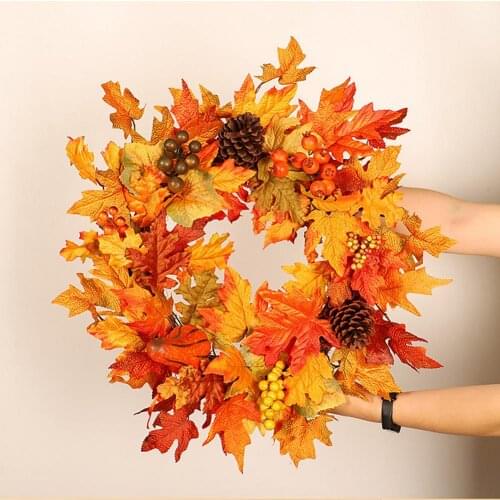 Autumn Maple Leaves Garland Wreath Berry Pumpkin Simulation Door Christmas Decoration Thanksgiving Party DIY Decor Halloween
