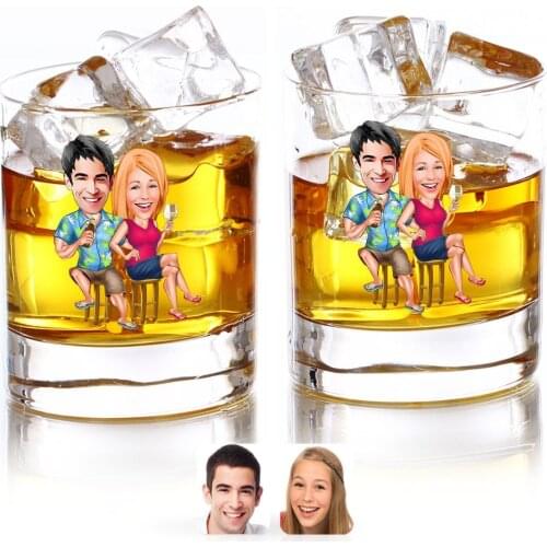Personalized Colorful Printed Valentine Caricature Of Dual Whisky Bardağı-51 Gift Special Design Handmade Goblet Name written