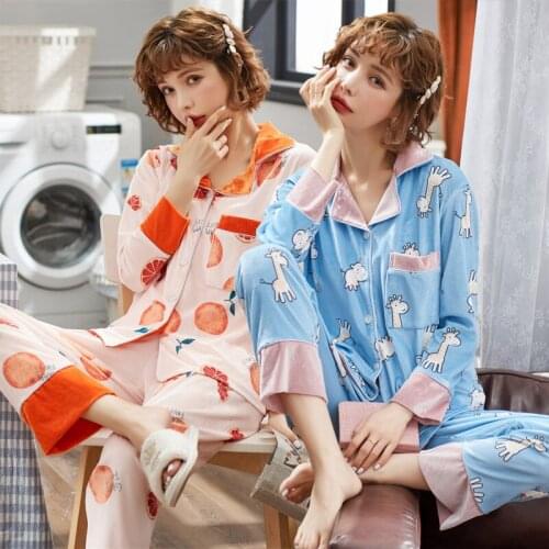 Korean Long Sleeve Gold Velvet Pajama Set for Women Autumn Winter Thick Warm Sleepwear Suit Pyjama Homewear Pijama Mujer Clothes