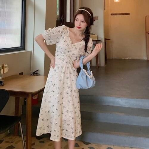 Dresses Women V-neck Floral Short-sleeved Dress Womens Summer New Korean Style High-waist Slim Midi Skirt