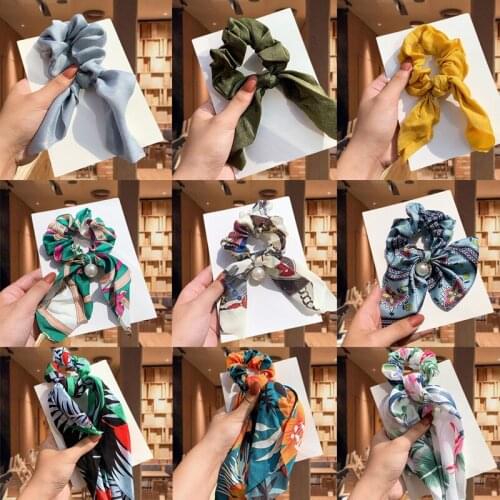 New Women Hair Scrunchies Ribbon Flower Point Printed Elastic Hair Bands Girls Headdress Women Fashion Hair Accessories
