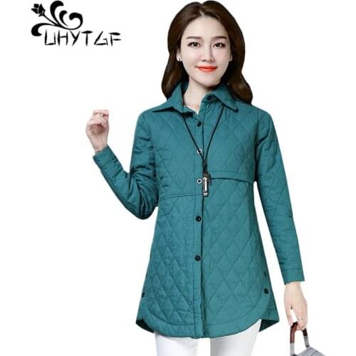 UHYTGF Loose M-3XL Plus size Cotton coat Winter Parker Women Warm Long outerwear Single-breasted Elegant Lady Winter jacket 1048