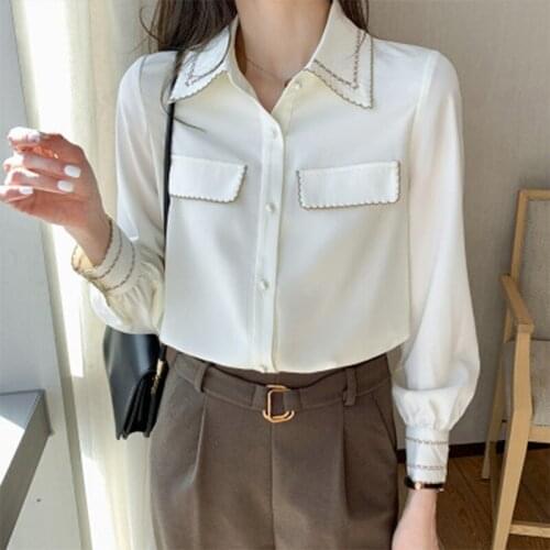 Spring Autumn New Women Chiffon Blouse Turn-down Collar Long Sleeve Outwear Pocket White Korean Style All-match Chic Shirts