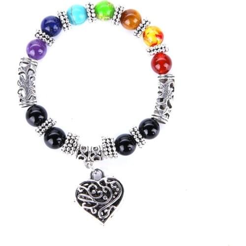 Druzy Natural Black Onxy Round Beads String Heart Pendant Bracelet Natural Stone Yoga Buddhism Seven Chakra Bracelets for Women