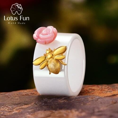 Lotus Fun Real 925 Sterling Silver Handmade Fine Jewelry Ceramic Ring Cute 18K Gold Bee Kiss from a Rose Rings for Women Bijoux