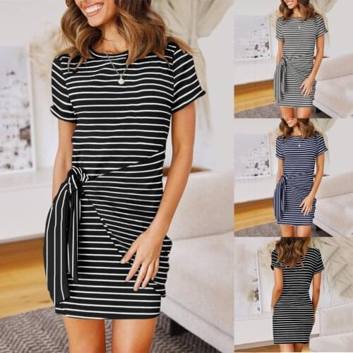 Women Fashion Striped Knot Lace Up Short Sleeve Sexy Slim Tight-fitting Mini Dresses Summer Casual Dress Платья Для Женщин 2021