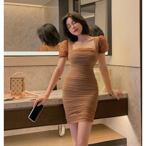 New Fashion 2021 Summer Party Dress Women Sexy Sqrare Collar Short Sleeve Mesh Shirring Solid Color Club Bodycon Mini Dress