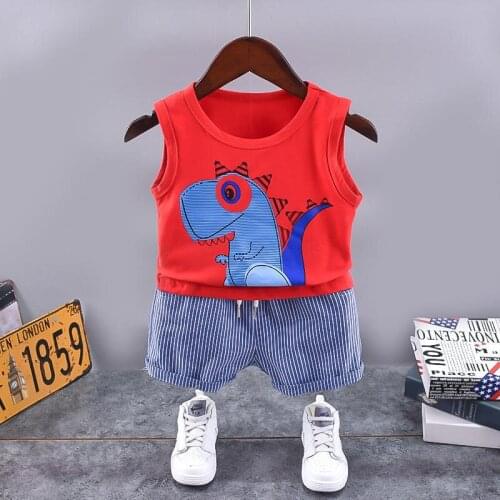 1-5 Y Fashion Baby Boys Clothes Sleeveless Dinosaur Cartoon Sets Kids Clothes Striped Pants Sportswear for Boy Sets 2021