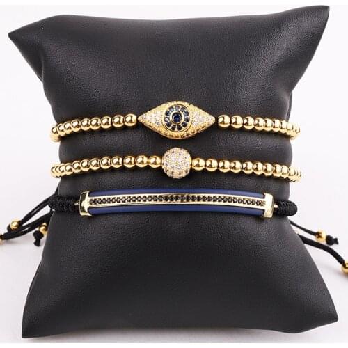 Jaravvi High Quantity 4mm Stainless Steel Beads CZ Evil Eye Charm Braided Macrame Bracelet Set Men