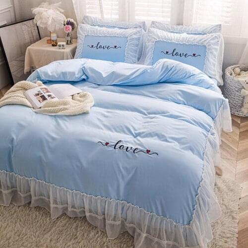 Korean Style Pink Blue Embroidered Lace Bedding Set King Queen Size Bed Set Princess Girls Duvet Cover Bed Sheet Pillowcase #sw