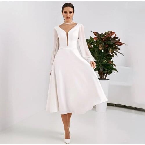LUXIYIAO LO96 Tea Length Wedding Dress 2021 Modest Sheer V-neck Corset Solid Color Custom Made Long Sleeve Bridal Gowns