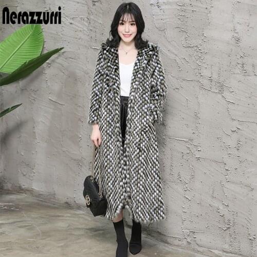 Nerazzurri Color block faux fur coat women long sleeve hooded elegant plus size fake fur coat 5xl 6xl womens winter fashion 2019