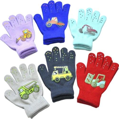 Winter Warm Gloves for Children 6-12years 6colors Thickened Kids Baby Mittens Outdoor Sports Small Construction Vehicle Pattern
