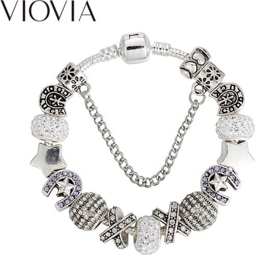 VIOVIA Vintage Jewelry Silver Color Chain Charms Bracelets & Bangles Rhinestone Beads Bracelets for Women Diy Christmas B17120
