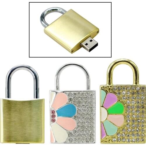 Jewelry Crystal Lock Necklace USB Flash Drive 4GB 8GB 16GB 32GB Golden Lock U Disk Memory Stick Girl Gift Pendrive Pen Drive