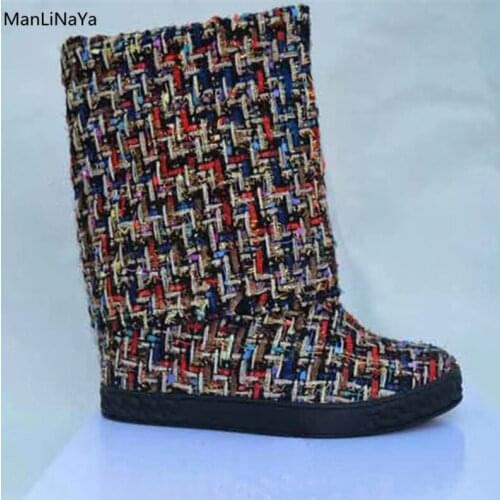 Slip on Rabbit Hair Cloth Women Boots Mixed Colors Cordillas Round Toe Women Boots Platform Height Increasing Ankle Female Boots