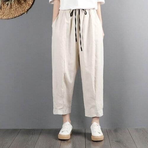 Women Cotton Linen Leisure Elastic Waist Harem Pants 2021 Summer Loose Comfortable All-Match Trousers Chinese Style Pants 31137
