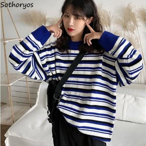 Women Pullover Sweaters Striped Simple All-match Streetwear Chic Retro Trendy Loose Casual Knitted Japan Style Harajuku Cool New