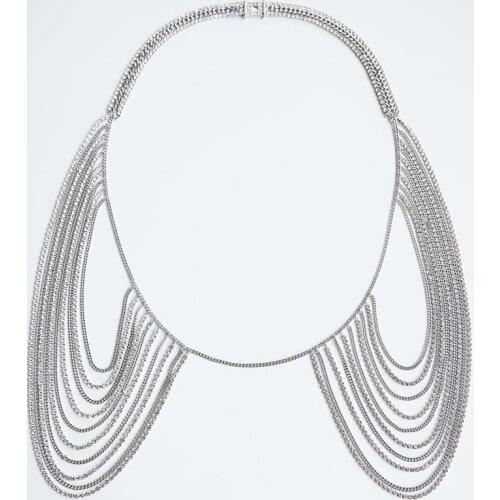 ZA Necklace Hyperbole Female Silver Color Metal Rhinestone Tassel Chain Necklaces For Women Statement Jewelry Accessories Gift