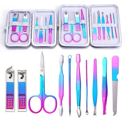 1 Set Rainbow Manicure Kits Nail Clippers Professional Pedicure Kit Nail Scissors Grooming Kit with Black Leather Travel Case
