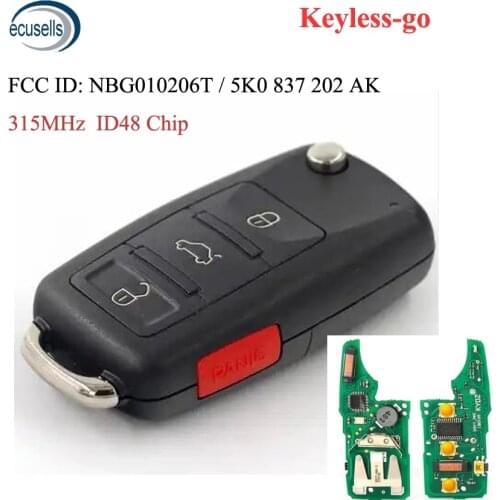 3+1/4 button Keyless-go Remote Key 315MHz ID48 Chip Fob for-Volkswagen 2011-2017 (Models with Prox) P/N: NBG010206T