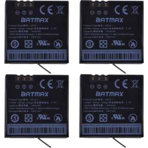 Batmax AZ16-1 Battery 4pcs for Original Xiaomi YI lite 2 4K 4k camera battery for Xiao yi 4k Action Camera Battery