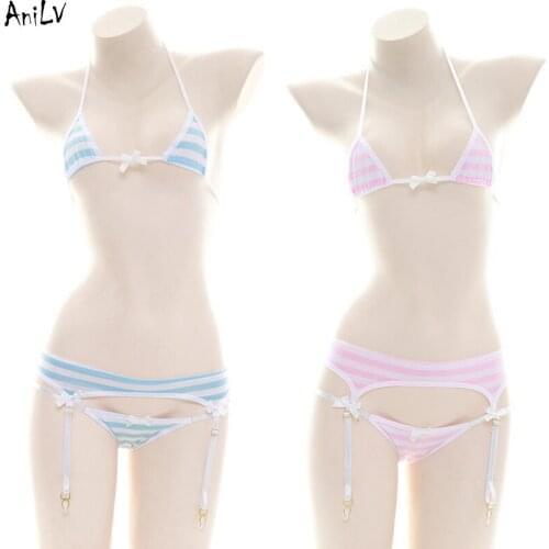 AniLV Anime Lolita Girl Striped Halter Bikini Swimsuit Costume Summer Beach Garters Swimwear Uniform Pool Party Cosplay