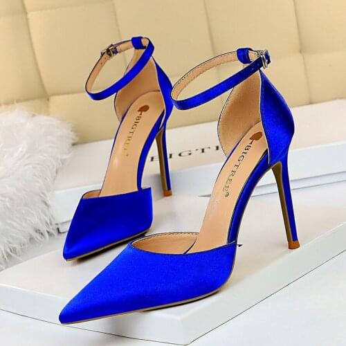 BIGTREE Silks shallow mouth Heeled Woman Sandals Pointed Toe Ankle Buckle Pumps High Heels Shoes Summer Party Dress Shoe Women