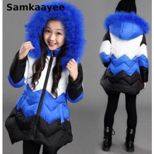 6-15y Children Jacket Kids Coat Winter Girls Fur Collar Hooded Outerwear Cotton Long Parkas Zipper Patchwork Warm Clothing Y64