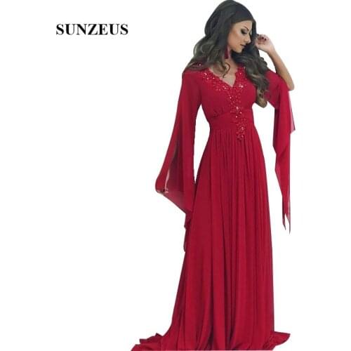 Elegant Women Chiffon Evening Dresses With Long Sleeves A-line V-neck Wine Red Long Formal Gown Beaded Appliques Party Dress