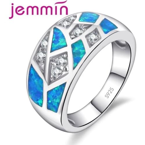 Fashion Wide Band Man and Women Sparkly Delicate Jewelry Blue Fire Opal Ring 925 Sterling Silver Crystal Ring