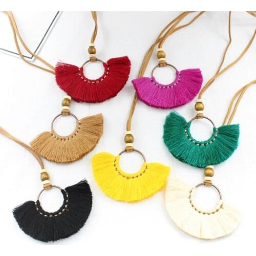 Colorful Textile Tassel Round Pendant Bohemian Long Necklace Retro Female Holiday Dress Accessories Exaggerated Necklace