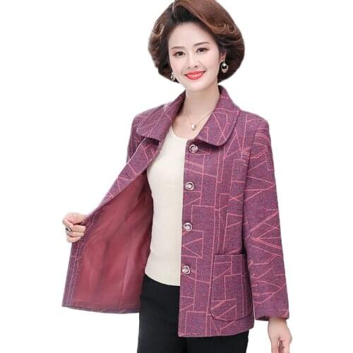 Middle-aged Womens Jacket Coat New Autumn Print Single-Breasted Short Jacket Outerwear Large Size Female Basic Coat Casual Tops