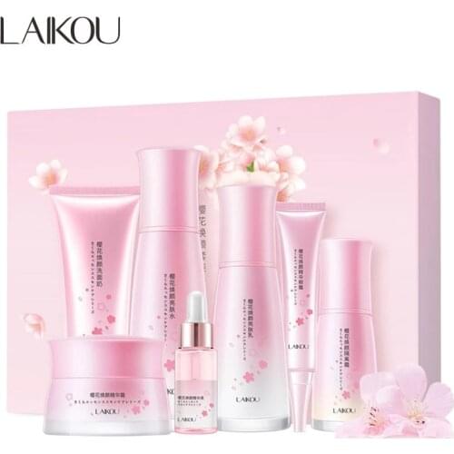 LAIKOU Cherry Blossoms 7pcs Face Skin Care Repairing Anti-Aging Anti-Wrinkle Moisturizing Whitening Face Tonic Cream Gift Set